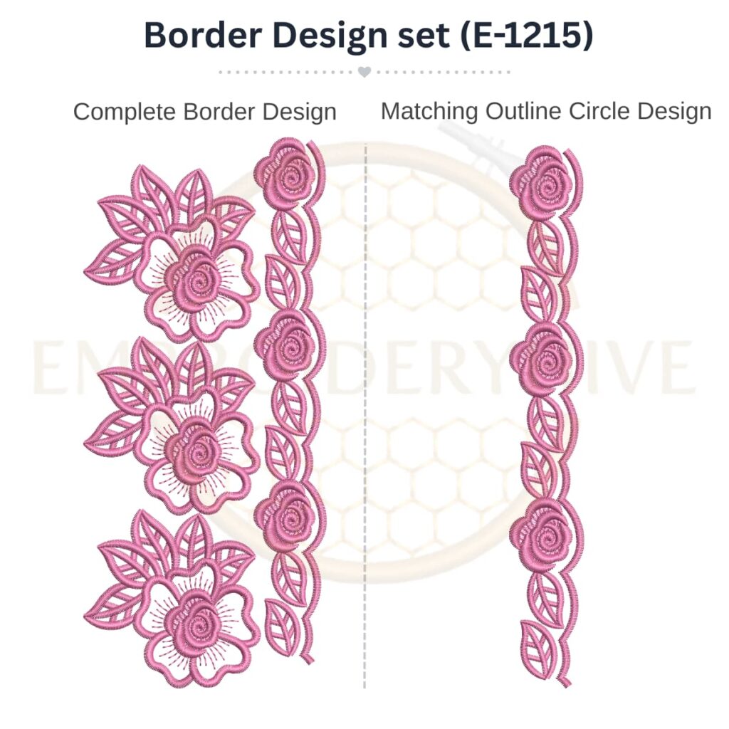 Rose Blossom Floral Lace matching border embroidery design set with outline circle, instant digital download.