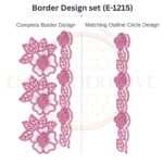 Rose Blossom Floral Lace matching border embroidery design set with outline circle, instant digital download.