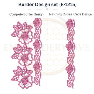 Rose Blossom Floral Lace matching border embroidery design set with outline circle, instant digital download.