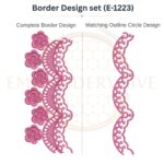 Rose Leaf Lace matching border embroidery design set with outline circle, instant digital download.