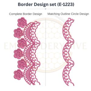 Rose Leaf Lace matching border embroidery design set with outline circle, instant digital download.