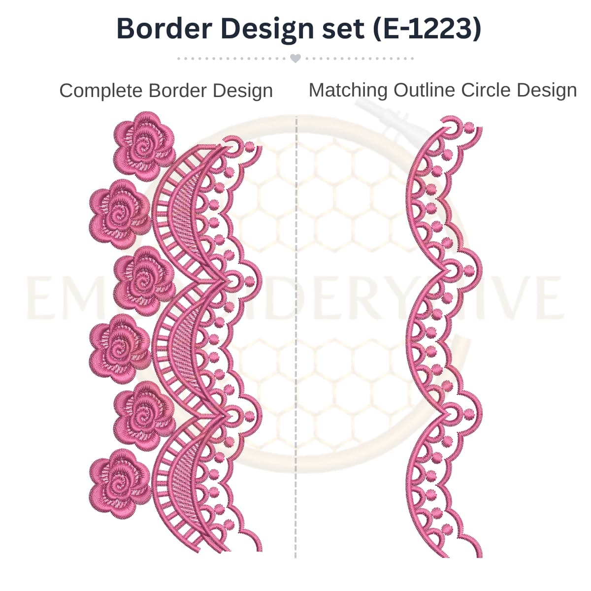 Rose Leaf Lace matching border embroidery design set with outline circle, instant digital download.