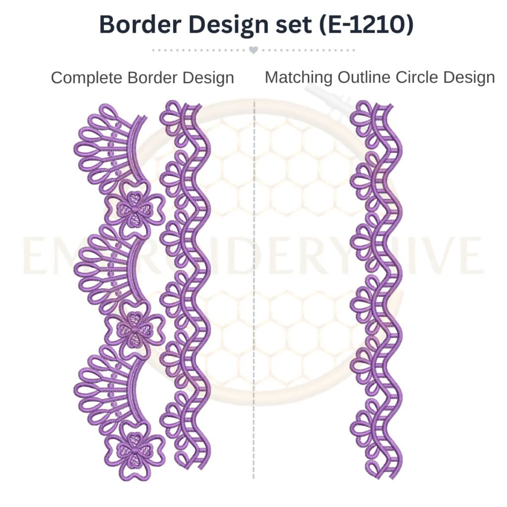 Butterfly Fan Lace matching border embroidery design set with outline circle for machine embroidery, instant digital download.