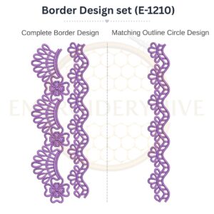 Butterfly Fan Lace matching border embroidery design set with outline circle for machine embroidery, instant digital download.