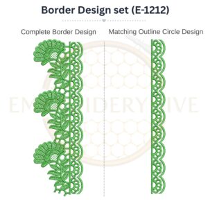 Fan Leaf Floral Lace matching border embroidery design set with outline circle for machine embroidery, instant digital download.