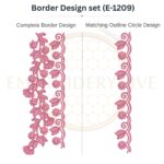 Floral Vine Scallop Lace matching border embroidery design set with outline circle for machine embroidery, instant digital download.