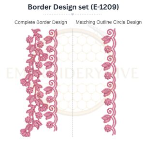 Floral Vine Scallop Lace matching border embroidery design set with outline circle for machine embroidery, instant digital download.