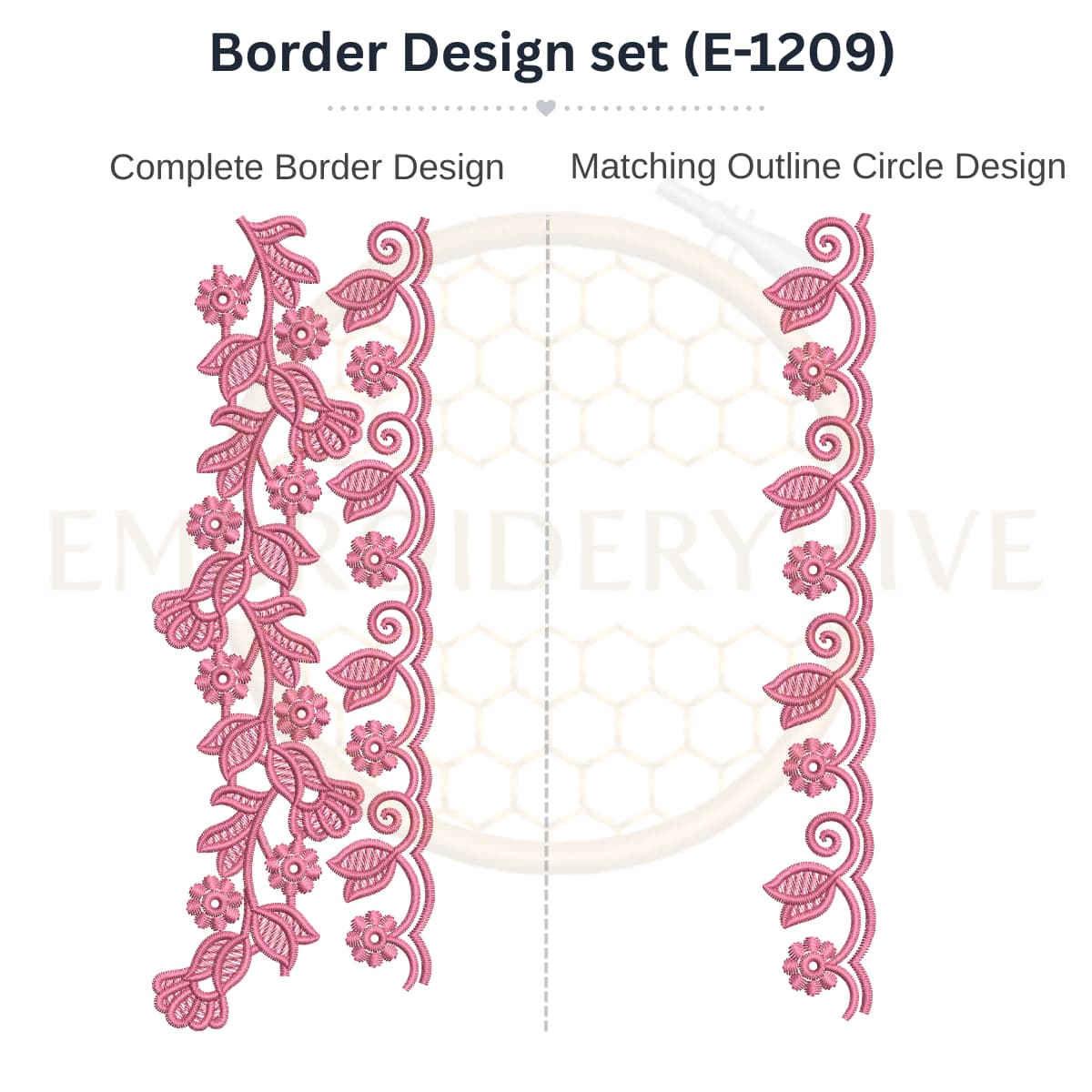 Floral Vine Scallop Lace matching border embroidery design set with outline circle for machine embroidery, instant digital download.