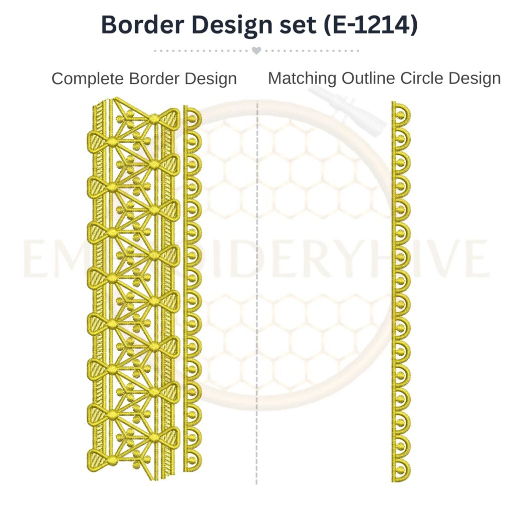 Geometric Triangle Eyelet Lace matching border embroidery design set with outline circle, instant digital download.