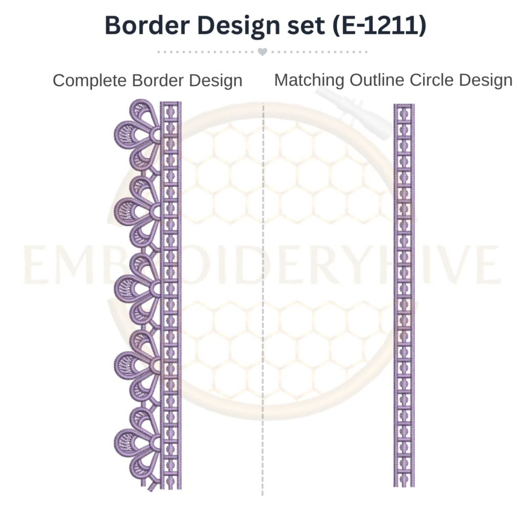 Petal Fan Eyelet Lace matching border embroidery design set with outline circle for machine embroidery, instant digital download.