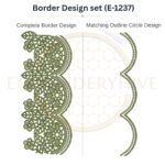 Botanical Fan Lace matching border embroidery design set with outline circle, instant digital download.