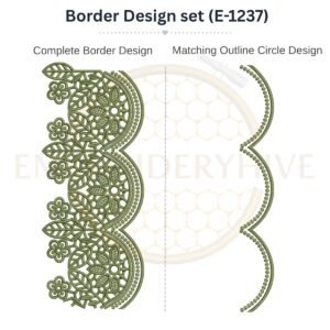 Botanical Fan Lace matching border embroidery design set with outline circle, instant digital download.