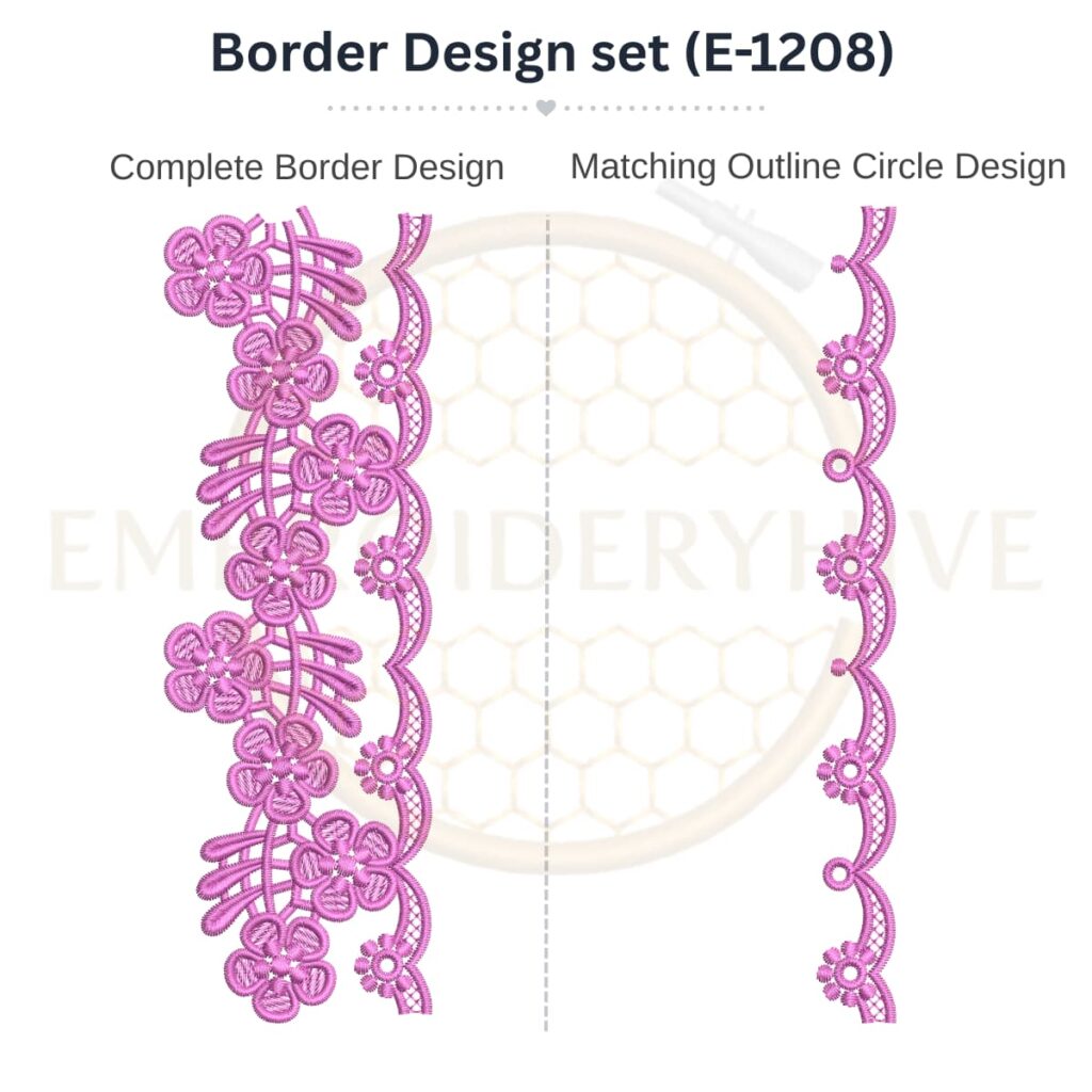 Cherry Blossom Branch Lace matching border embroidery design set with outline circle for machine embroidery, instant digital download.