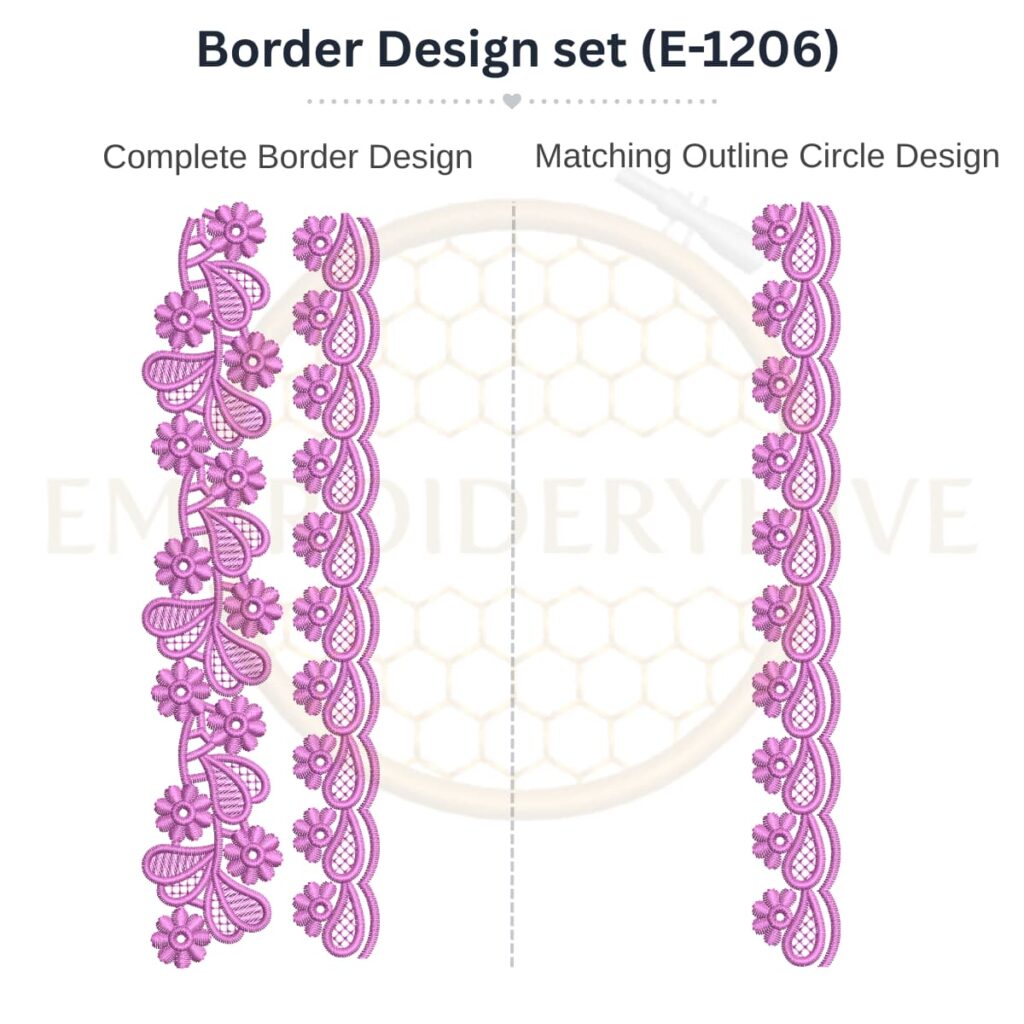 Daisy Paisley Lace matching border embroidery design set with outline circle, instant download.