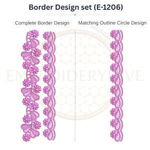 Daisy Paisley Lace matching border embroidery design set with outline circle, instant download.