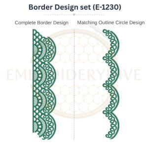 Decorative Scrollwork matching border embroidery design set with outline circle, instant digital download.