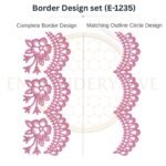Delicate Floral Scallop matching border embroidery design set with outline circle, instant digital download.