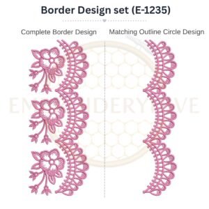 Delicate Floral Scallop matching border embroidery design set with outline circle, instant digital download.