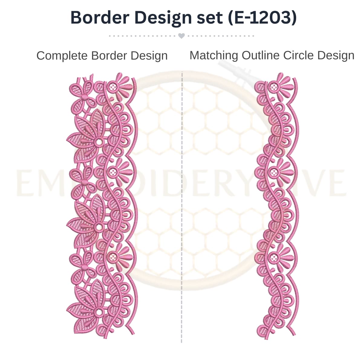 Floral Vine Scallop Lace matching border embroidery design set with outline circle.