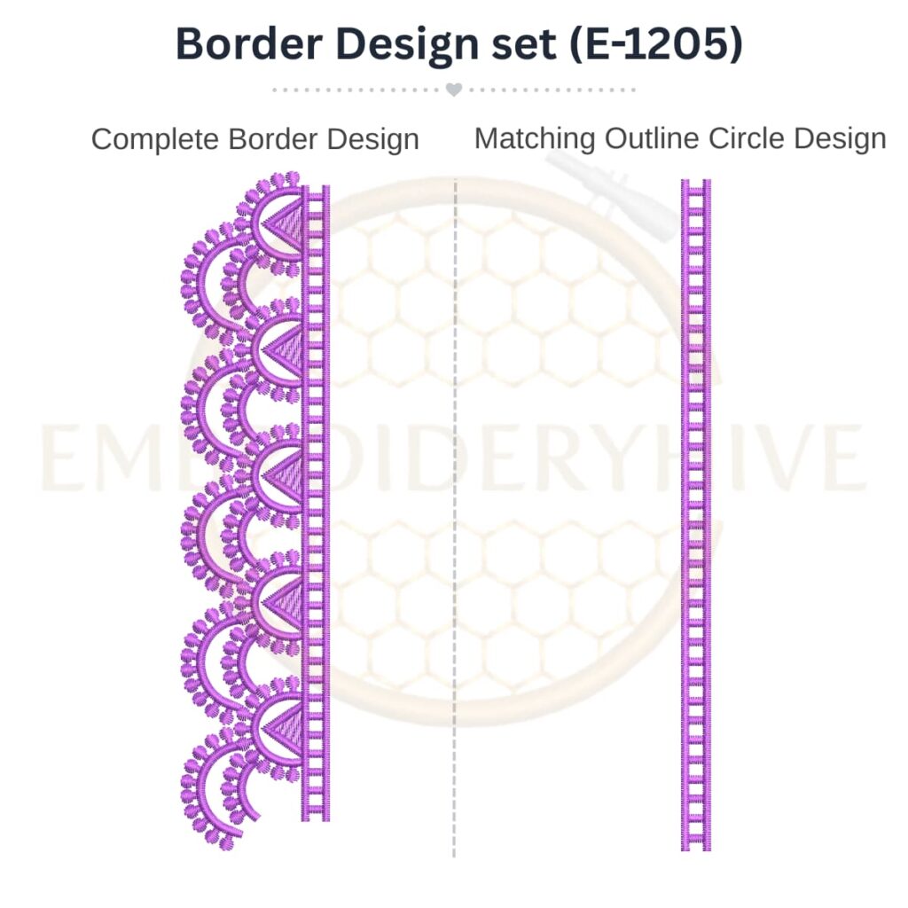 Geometric Scallop Lace matching border embroidery design set with outline circle, instant download.