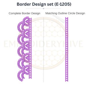 Geometric Scallop Lace matching border embroidery design set with outline circle, instant download.