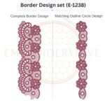 Ornate Floral Paisley matching border embroidery design set with outline circle, instant digital download.
