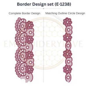 Ornate Floral Paisley matching border embroidery design set with outline circle, instant digital download.