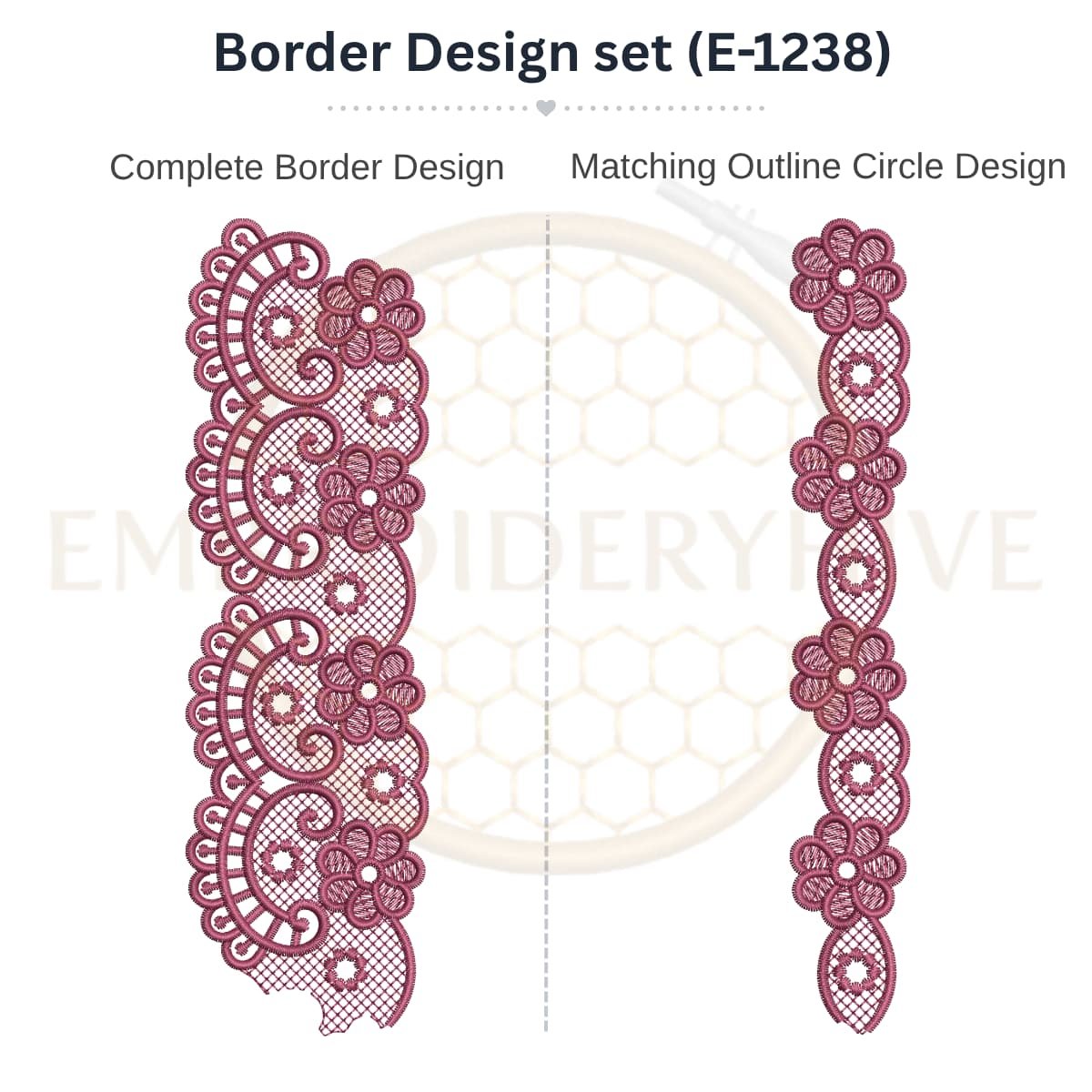 Ornate Floral Paisley matching border embroidery design set with outline circle, instant digital download.