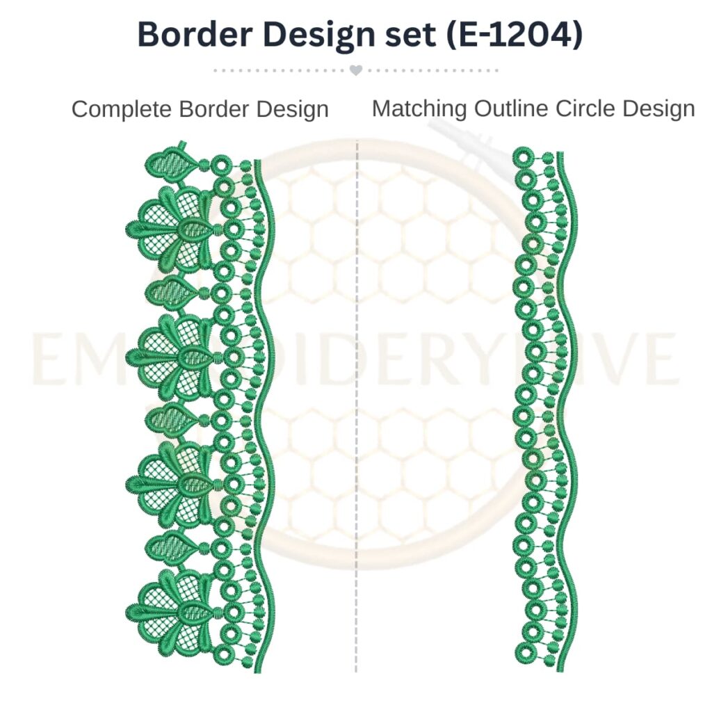 Petal Flower Eyelet Lace matching border embroidery design set with outline circle.