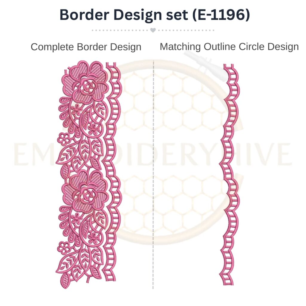Rose Floral Lace matching border embroidery design set with outline circle.