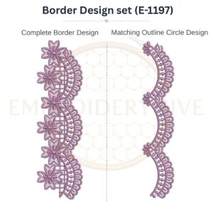 Star Flower Scallop Lace matching border embroidery design set with outline circle.