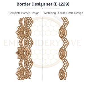 Vintage Paisley Lace matching border embroidery design set with outline circle, instant digital download.