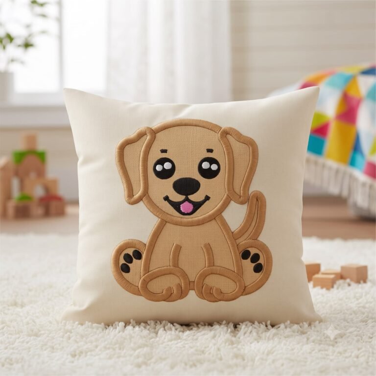 Puppy applique machine embroidery design stitched on a pillow