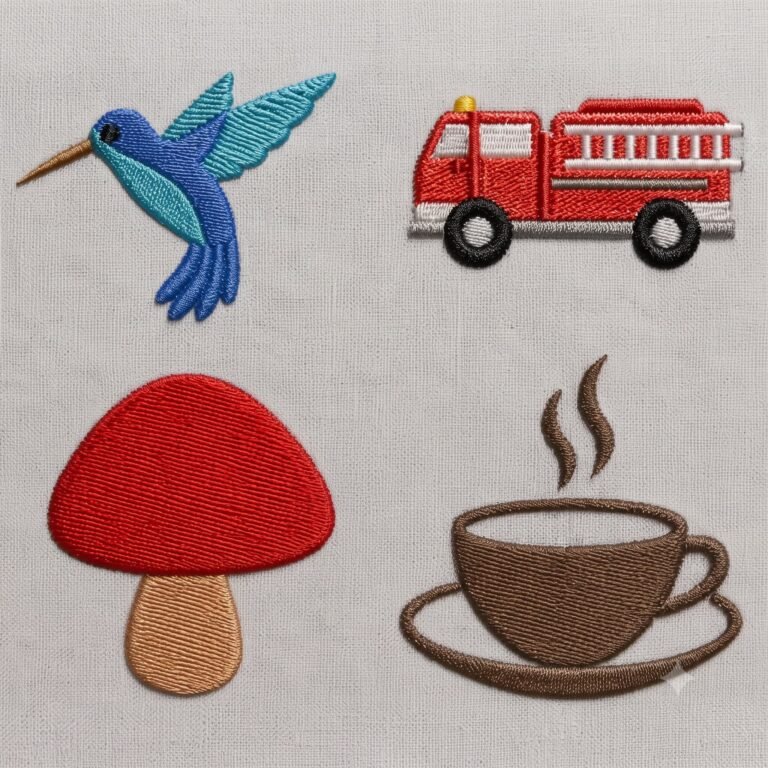 Embroidery design bundle with hummingbird, fire truck, mushroom and coffee cup designs