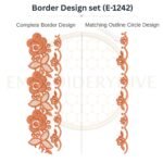 Elegant Floral Vine Scallop matching border embroidery design set with outline circle, instant digital download.