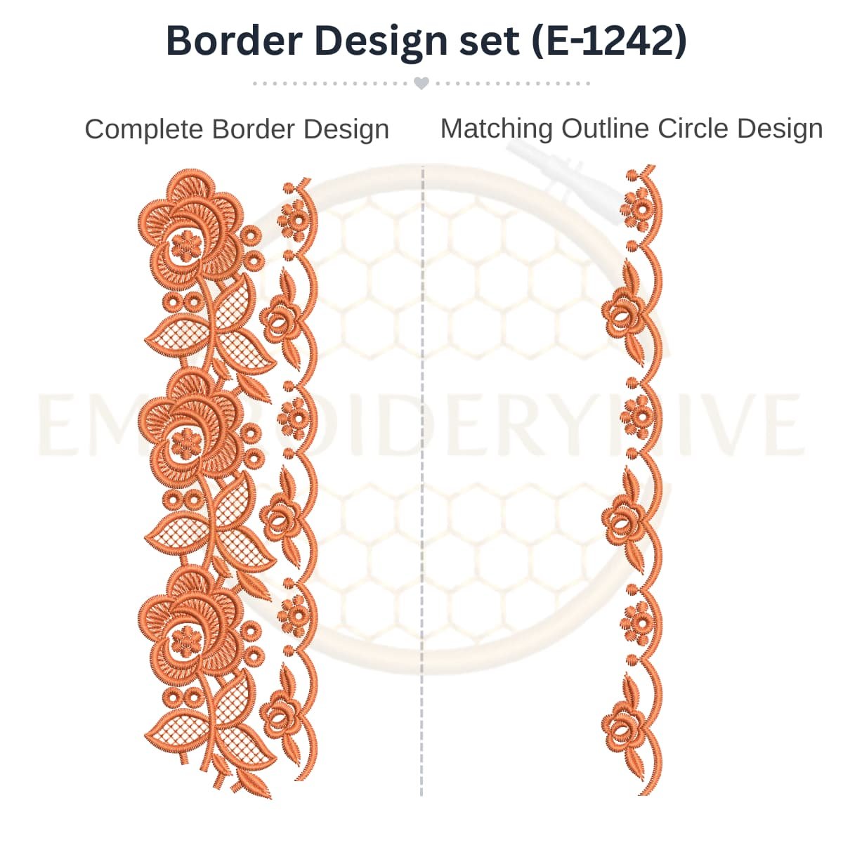 Elegant Floral Vine Scallop matching border embroidery design set with outline circle, instant digital download.