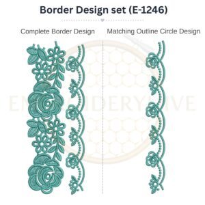 Elegant Rose Vine matching border embroidery design set with outline circle, instant digital download for machine embroidery.