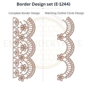 Geometric Floral Fan matching border embroidery design set with outline circle, instant digital download.