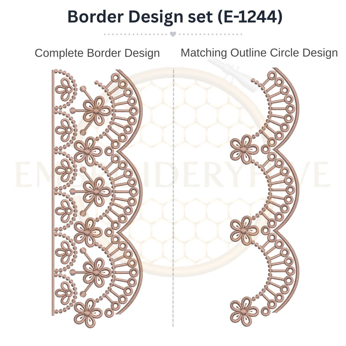 Geometric Floral Fan matching border embroidery design set with outline circle, instant digital download.