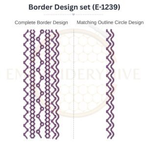 Geometric Zigzag Lace matching border embroidery design set with outline circle, instant digital download.
