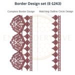Ornate Paisley Lace matching border embroidery design set with outline circle, instant digital download.