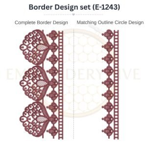 Ornate Paisley Lace matching border embroidery design set with outline circle, instant digital download.