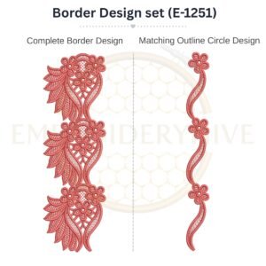 Floral Paisley Lace matching border embroidery design set with outline circle, instant digital download for machine embroidery.