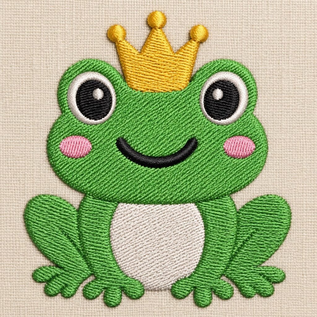 Princess frog machine embroidery design stitched on fabric