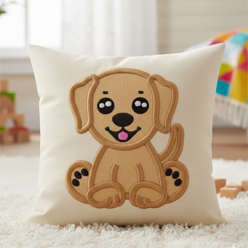 Puppy applique embroidery design on a pillow